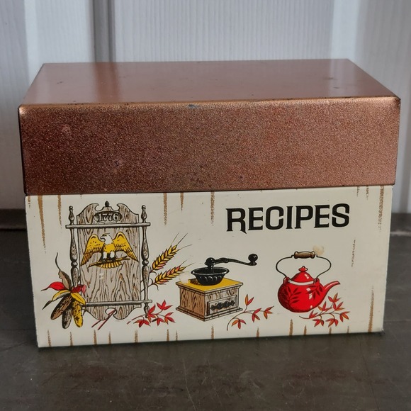 Vintage J Chein Co Metal Recipe Box Americana Eagle Kettle 1776 Made in USA - Picture 7 of 8